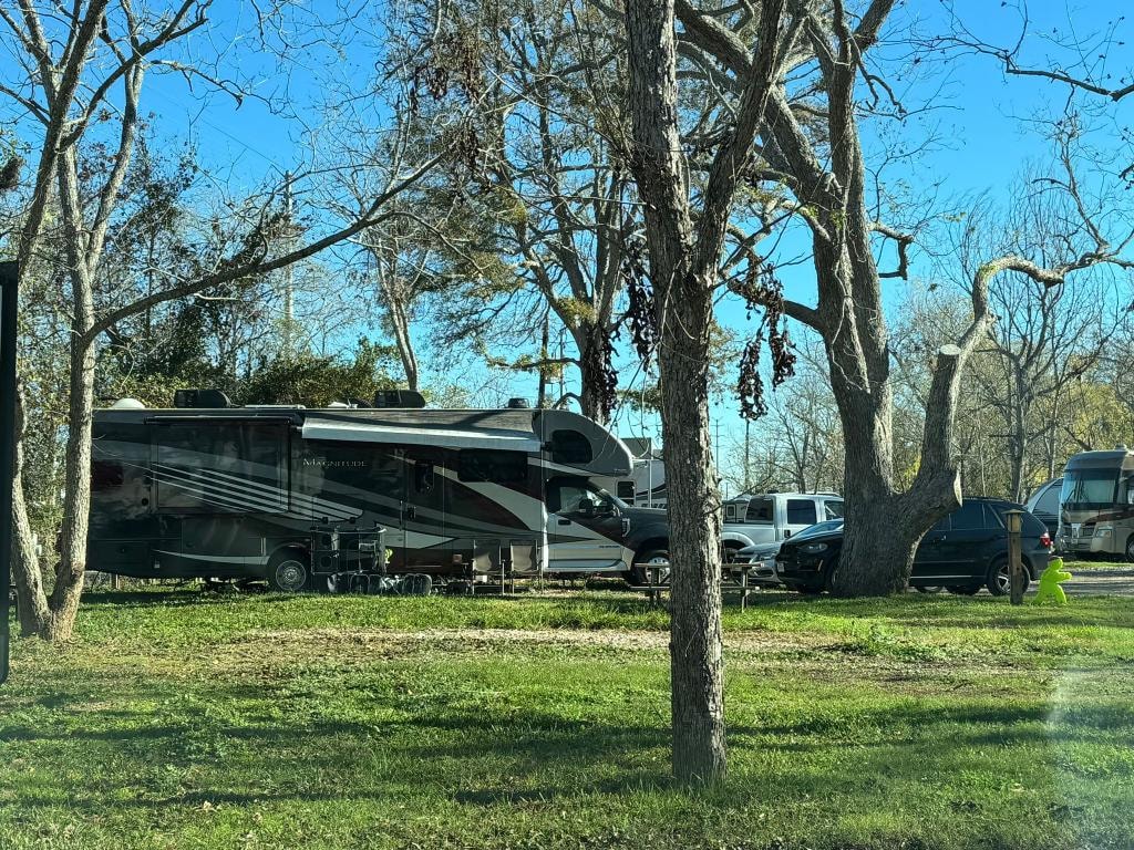 Thor Magnitude motorhome parked among trees at Sugar Land RV Park
